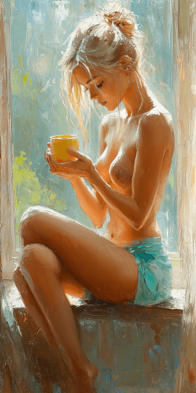 AI generated: 
a painting of a woman sitting near a window, in the style of beautiful women, playfully intricate,...