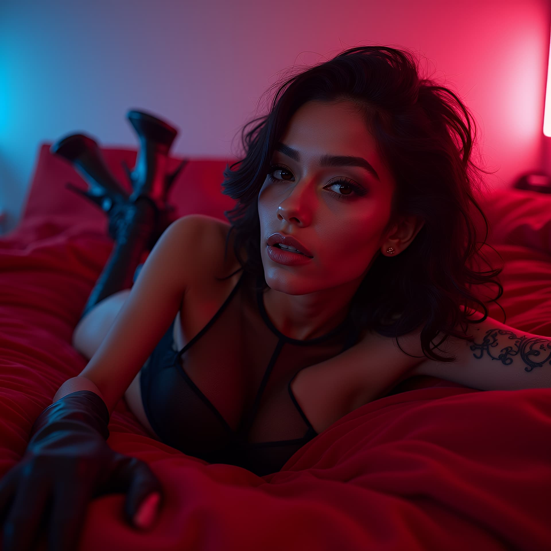 AI generated: ultra-realistic 8K RAW photo of a bold 22-year-old Mexican model with voluminous black waves, carame...