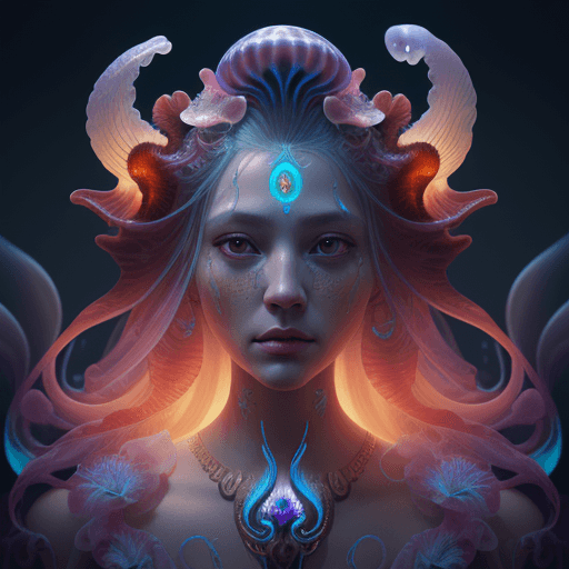 AI generated: Goddess close-up portrait ribcagel. jellyfish phoenix head, nautilus, orchid, skull, betta fish, bio...