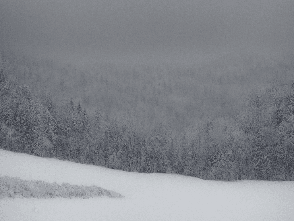 AI generated: A snowy treeline in the north. Overcast, cold haze. artistic drawing, monochromatic colouring, high ...