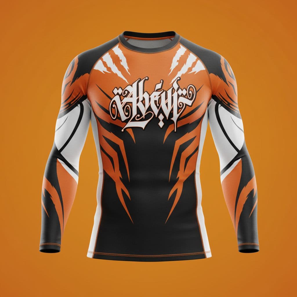 AI generated: PUT THIS LOGO IN THE MIDDLE ON A 3D HIGH QUALITY ORANGE BLACK WHITE MIXED MARTIAL ARTS SHIRT RENDERI...