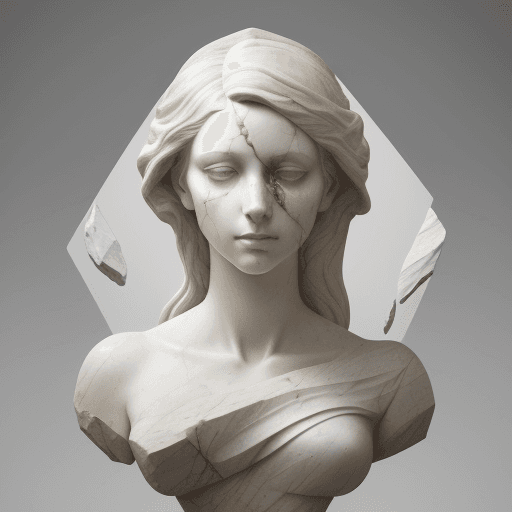 AI generated: A striking and surreal artwork showcasing a marble bust of a woman, with realistic details in the fr...