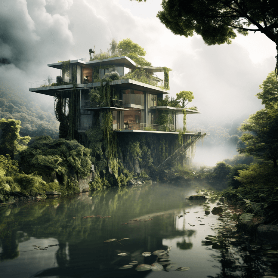 AI generated: the house sitting on the river and surrounded by greenery and trees, in the style of futurist elemen...