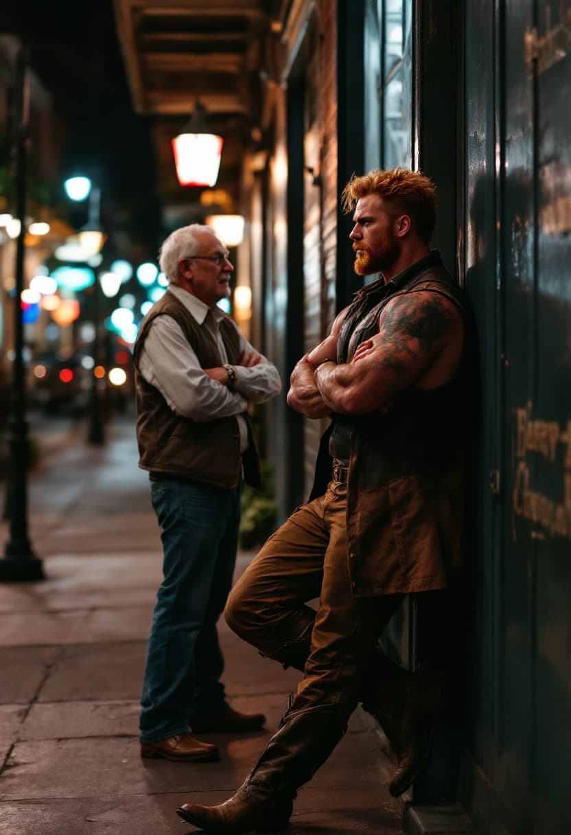 AI generated: high-resolution full body photo muscular man, show boots, reddish blonde hair,  wearing daisy dukes,...
