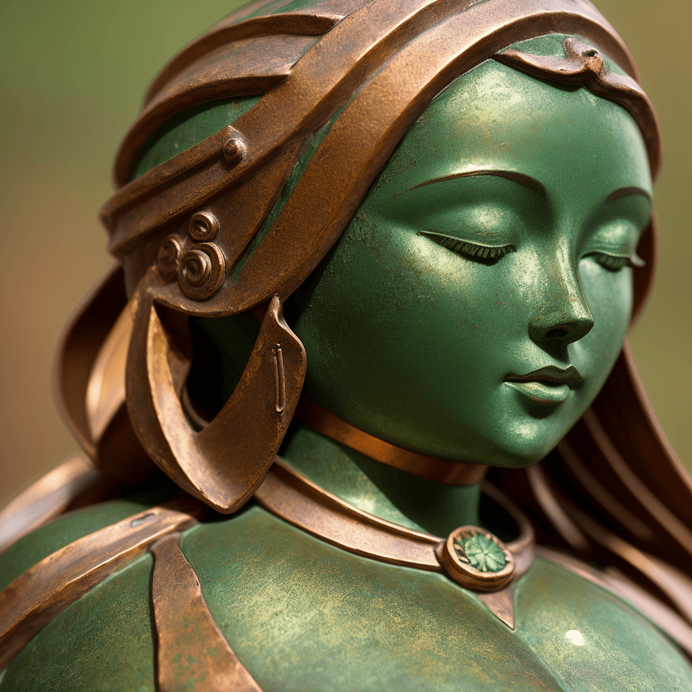 AI generated: copper sun princess statue,(deep green patina:1.3), realism, realistic , macro, fine details, dof, c...
