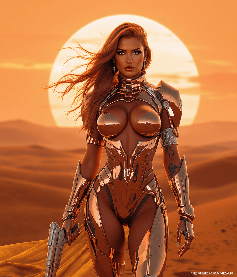 AI generated: A stunning full body (8K) masterpiece of a futuristic depiction of a female warrior, wearing a sleek...
