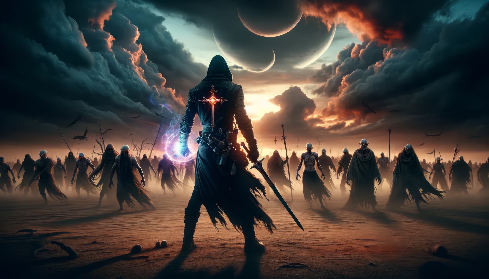 AI generated: A cinematic widescreen image of an epic, dramatic sky at dusk with dark clouds and intense lighting ...