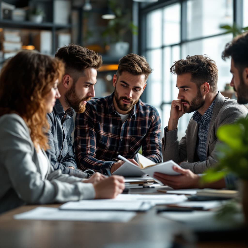 AI generated: Group of dynamic people, men and women, discussing with each other, technical IT background, with no...