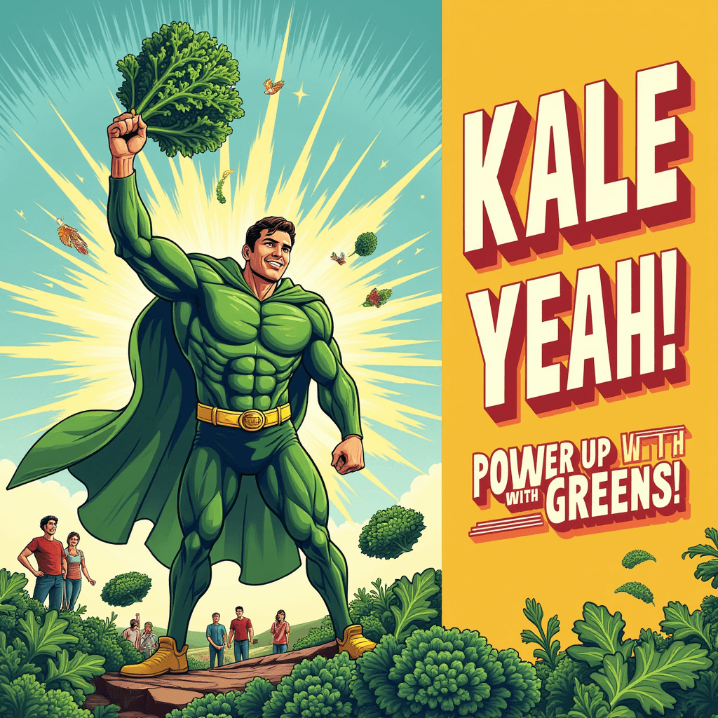 AI generated: A bold, uplifting poster promoting kale as a superfood hero. On the left side, a dynamic superhero f...