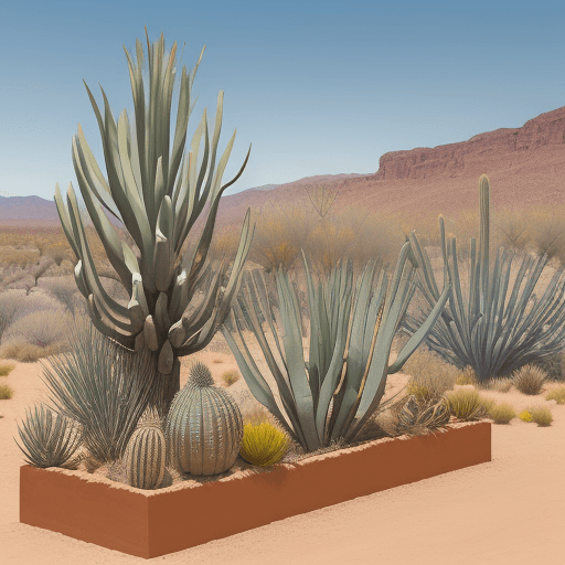 AI generated: border art for agaves with long century stalk coming out the middle, with a sun set and desert flora...