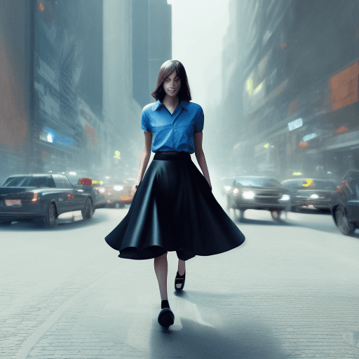 AI generated: Girl, calm face, watch at the camera, wears black shirt and dark blue skirt, walking in the New York...