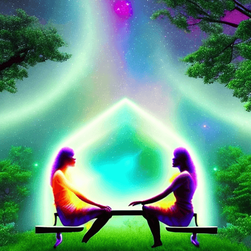 AI generated: color photo of a pair of ethereal auras close to each other, radiating love and connection, seated o...