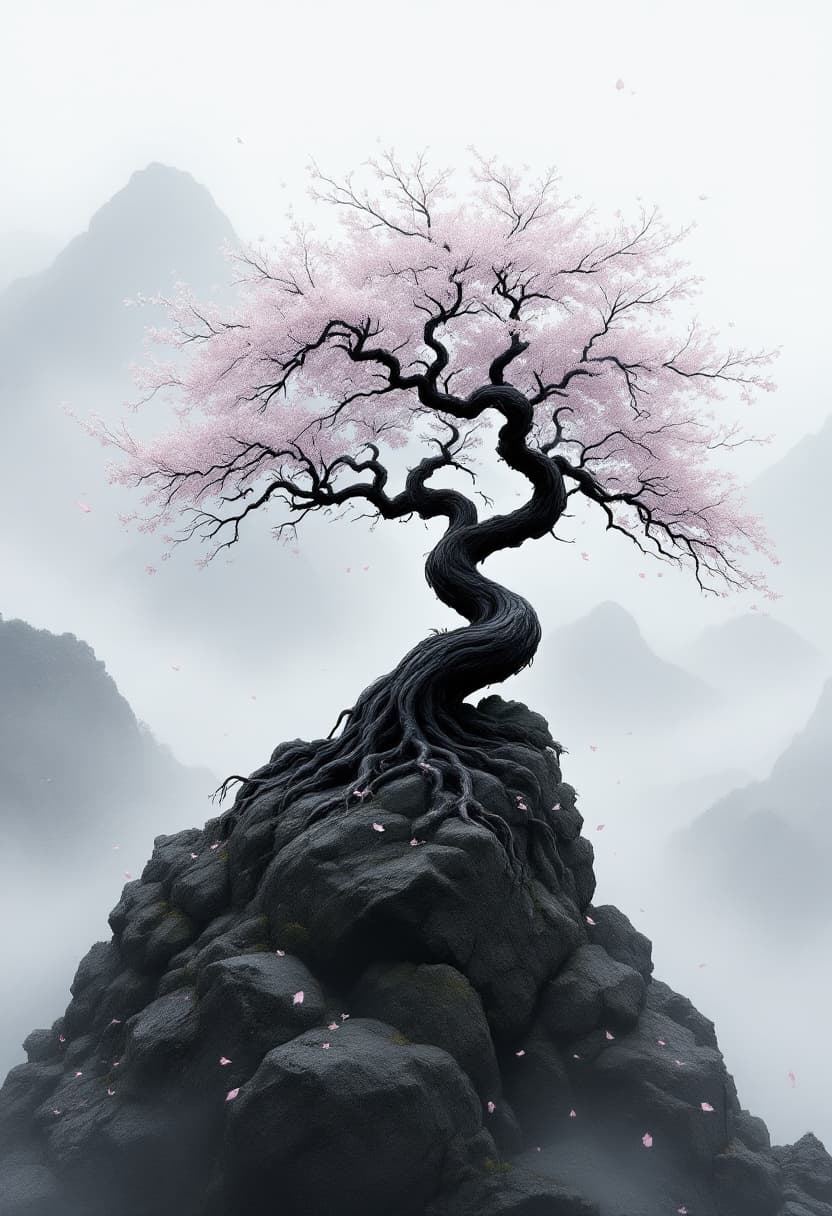 AI generated: A cinematic grayscale ink-style scene of a twisted sakura tree on a rocky hilltop, surrounded by lay...