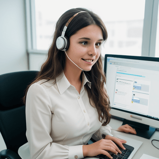 AI generated: A young female customer service officer with wavy brown hair is wearing a white blouse and lheadset,...