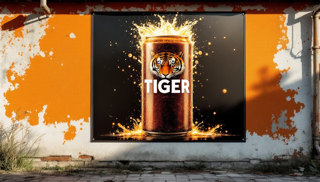 AI generated: A large poster on the wall of a townhouse, featuring a rustic and massive cylindrical energy drink c...