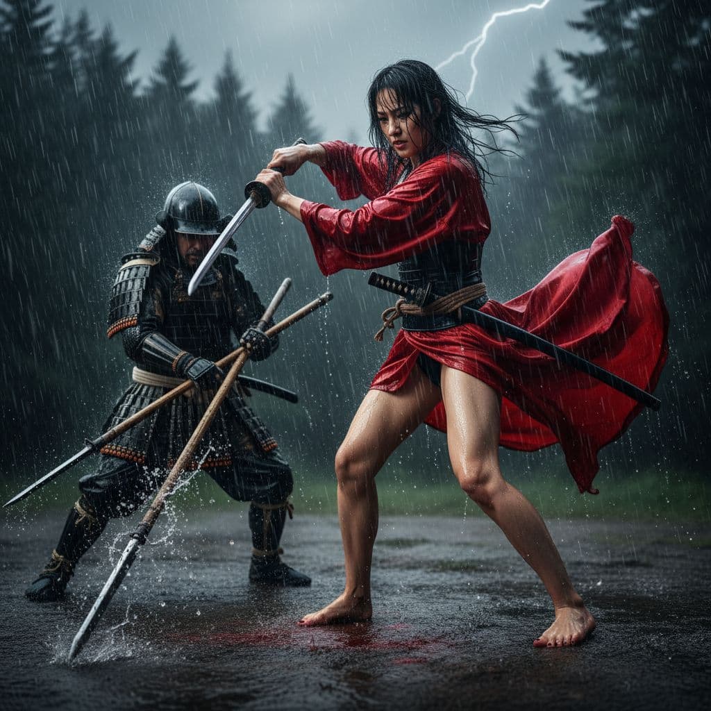 AI generated:  A beautiful Japanese female warrior,  wearing a short red kimono, blown wide open by the wind.  Ski...