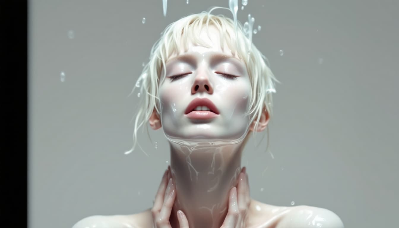 AI generated: a stylized artistic representation of a person with pale skin, light blonde hair, and closed eyes. T...