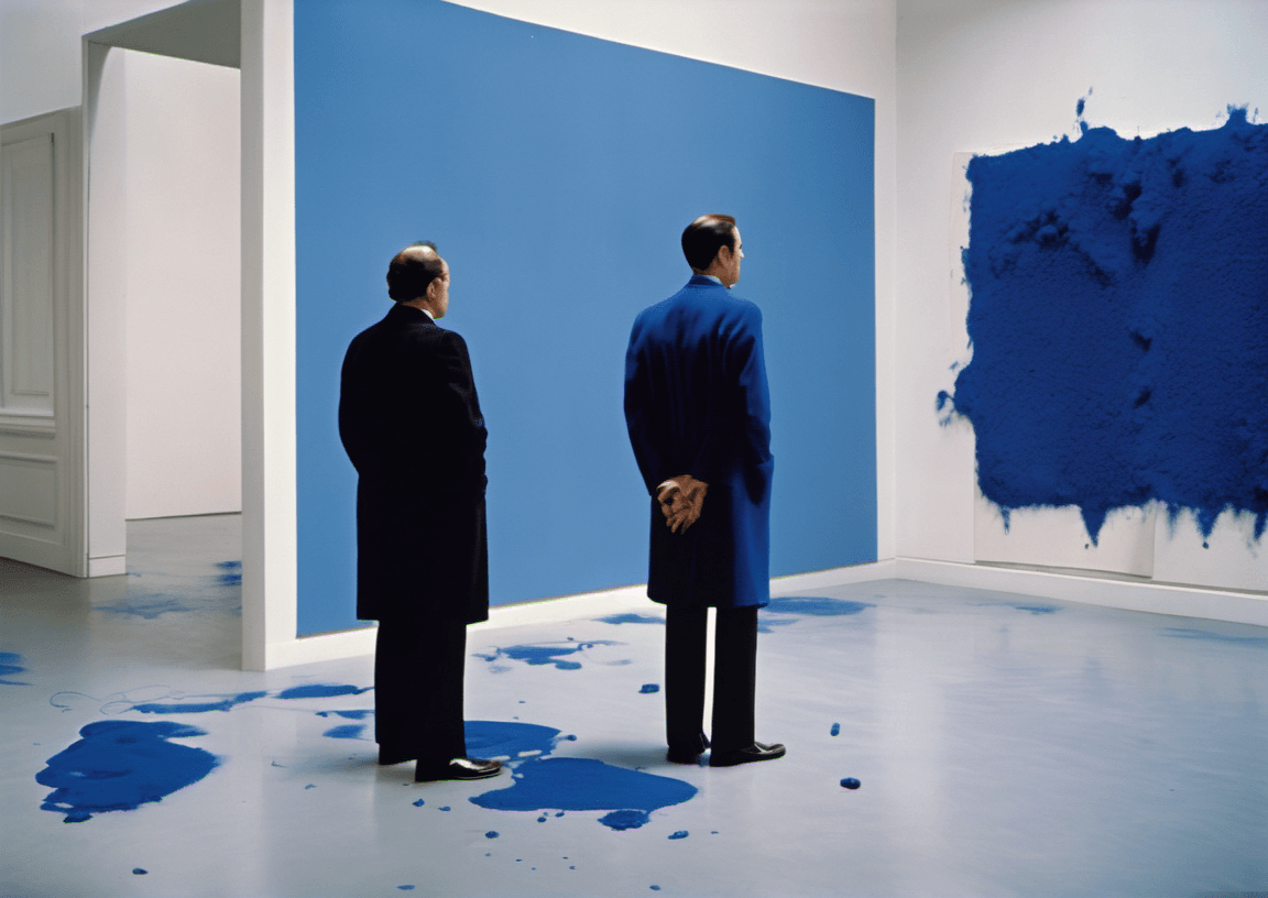 AI generated: Two men in a museum, arthouse, gutai group, a surrealist painting, (((by Yves Klein:1.3)))