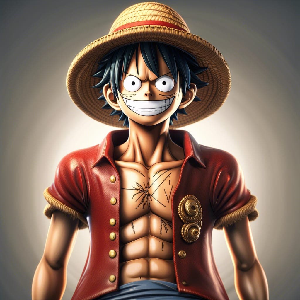 AI generated: Monkey D. Luffy, one piece anime, X-shaped scar on his chest, Straw Hat, symmetrical body, portrait,...