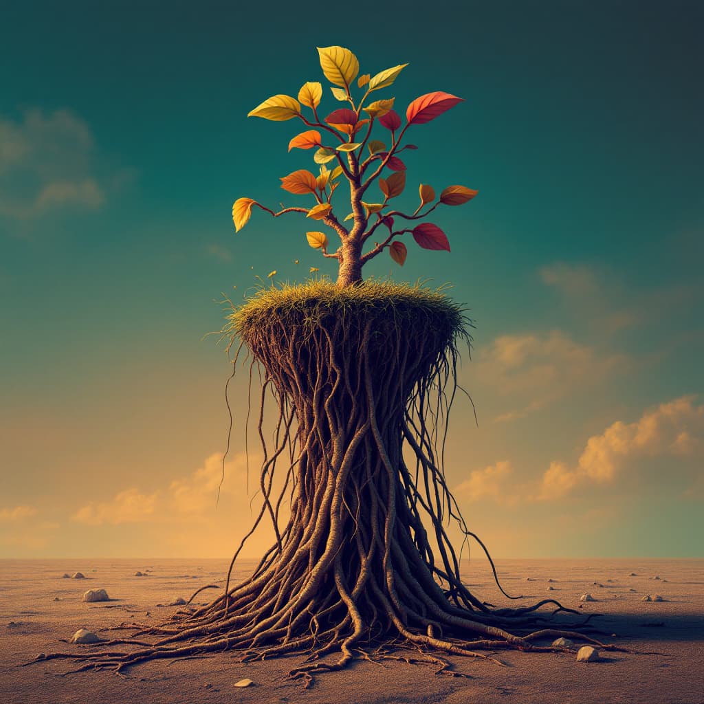 AI generated: An imaginary plant that grows upside down, with roots reaching towards the sky. The style is reminis...