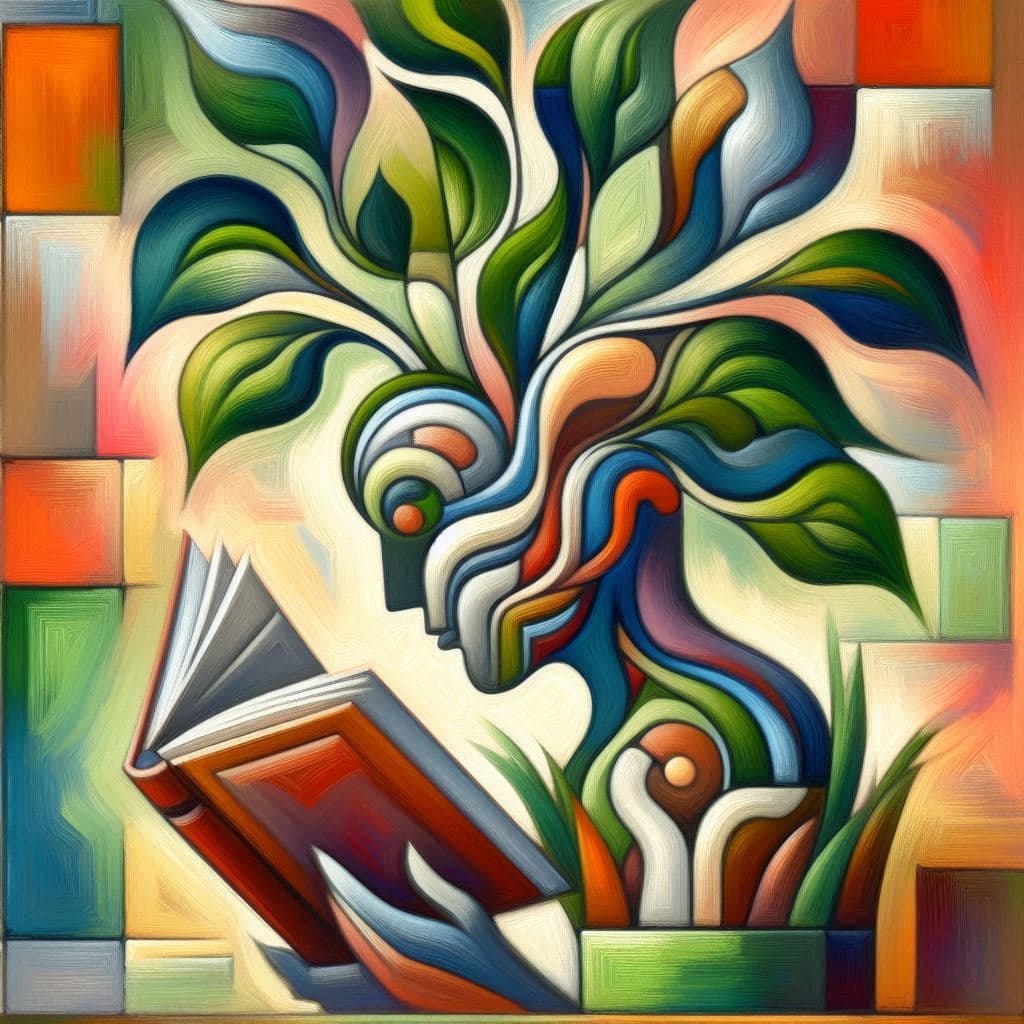 AI generated: An intelligent ficus plant reading a book, abstract cubistic gouache painting in the style of Picass...