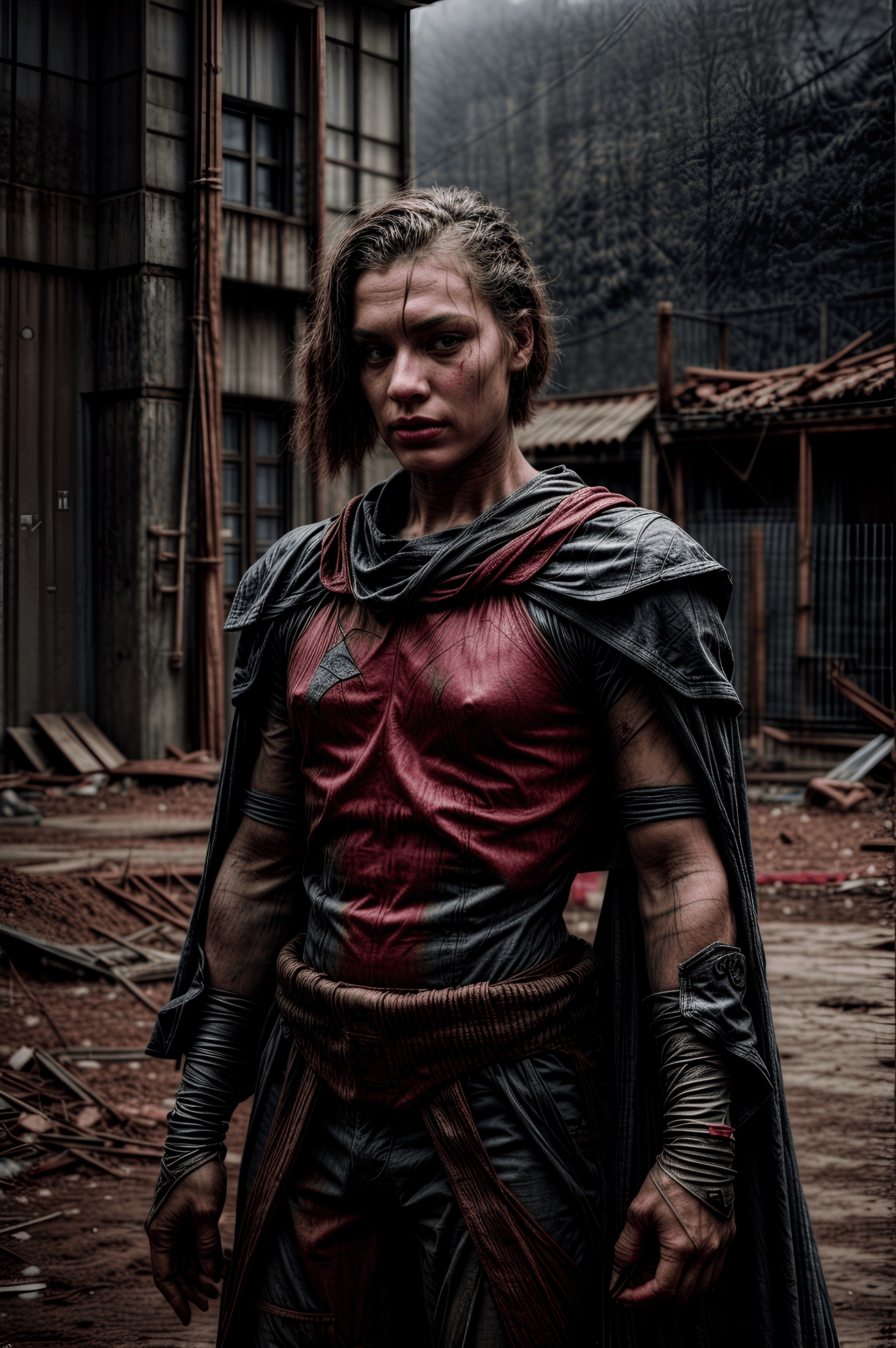 AI generated: futuristic military woman, wearing woven cape, dirty, grunge, cinematic style, dark image, rust, mud...