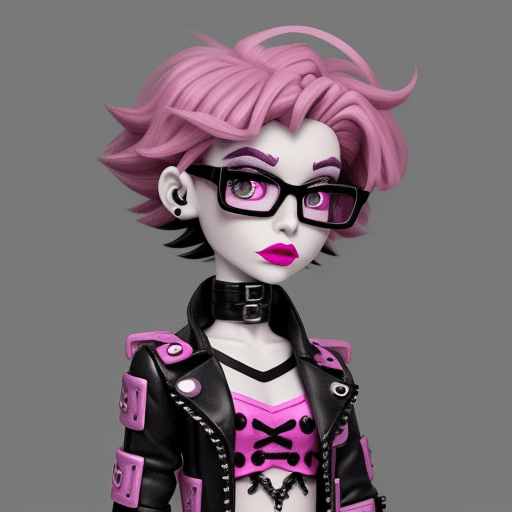 AI generated: monster high doll with a boy cut, pink curly hair, hazel eyes. grungy yet androgynous and fem clothi...