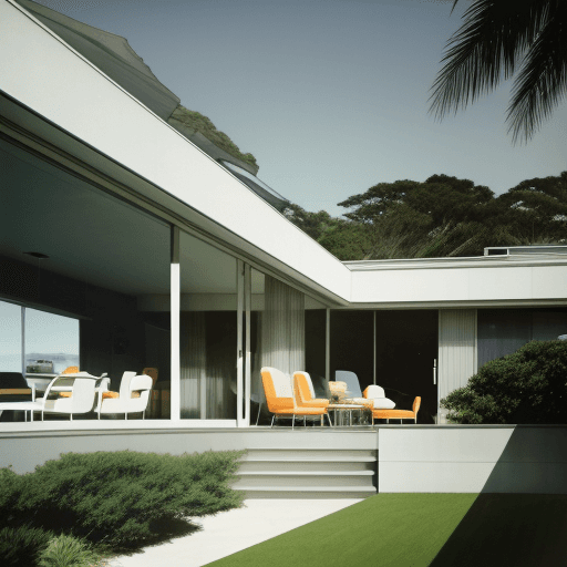 AI generated: Hyper realistic eye level exterior photo of a mid century modern style house overlooking the ocean, ...