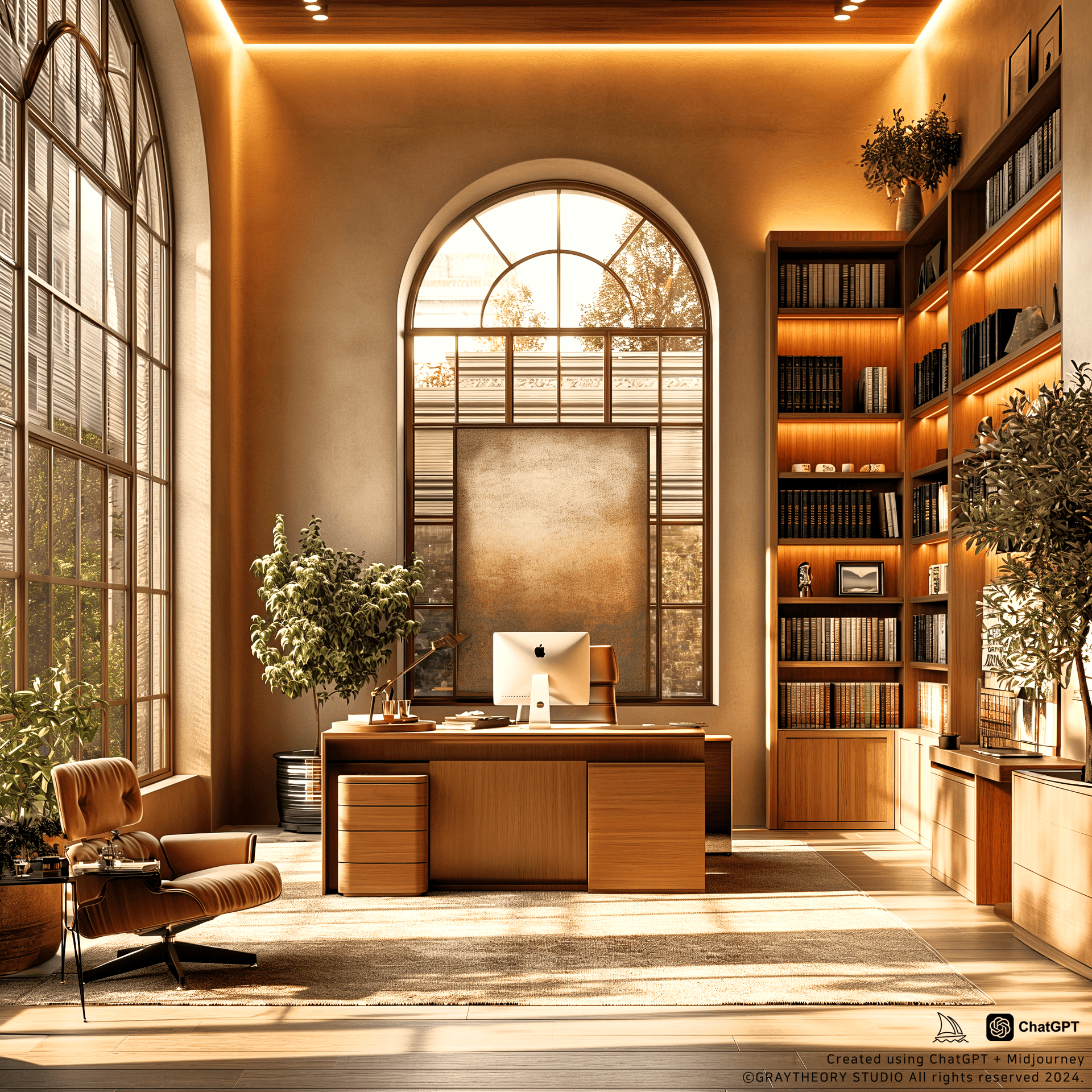 AI generated: Spacious office with frontal view, Herman Miller Aeron chairs, Artemide Tolomeo desk lamps, captured...