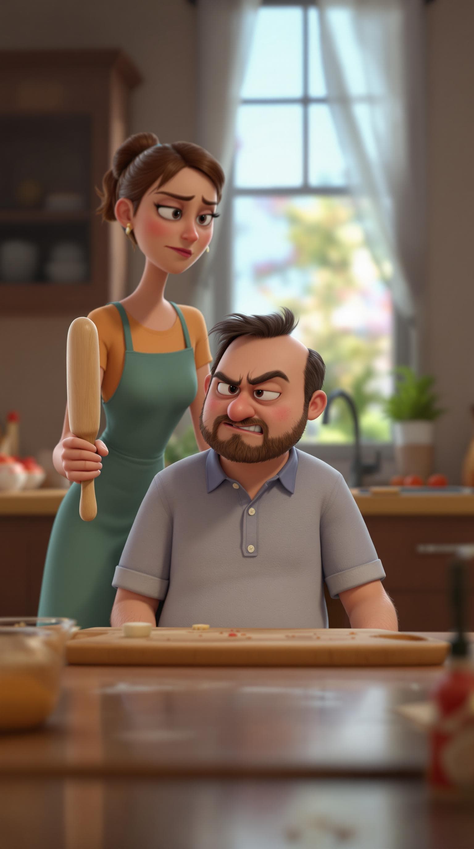 AI generated: 3d pixar character, a man sat down at a kitchen table. His wife is stood over him holding a rolling ...