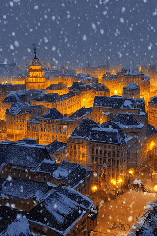 AI generated: Bucharest| street| old town| old city| winter| heavy snow| comprehensive cinematic| Atmosphere| Mast...