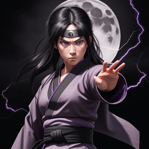 AI generated: Hyper realistic eye, sharingan, black hair, purple belt, gray kimono, lightning, background with moo...