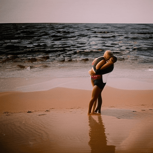 AI generated: Abigail shapiro wearing black bikini, hugging lance reddick on a beach, intricate detail, photoreali...