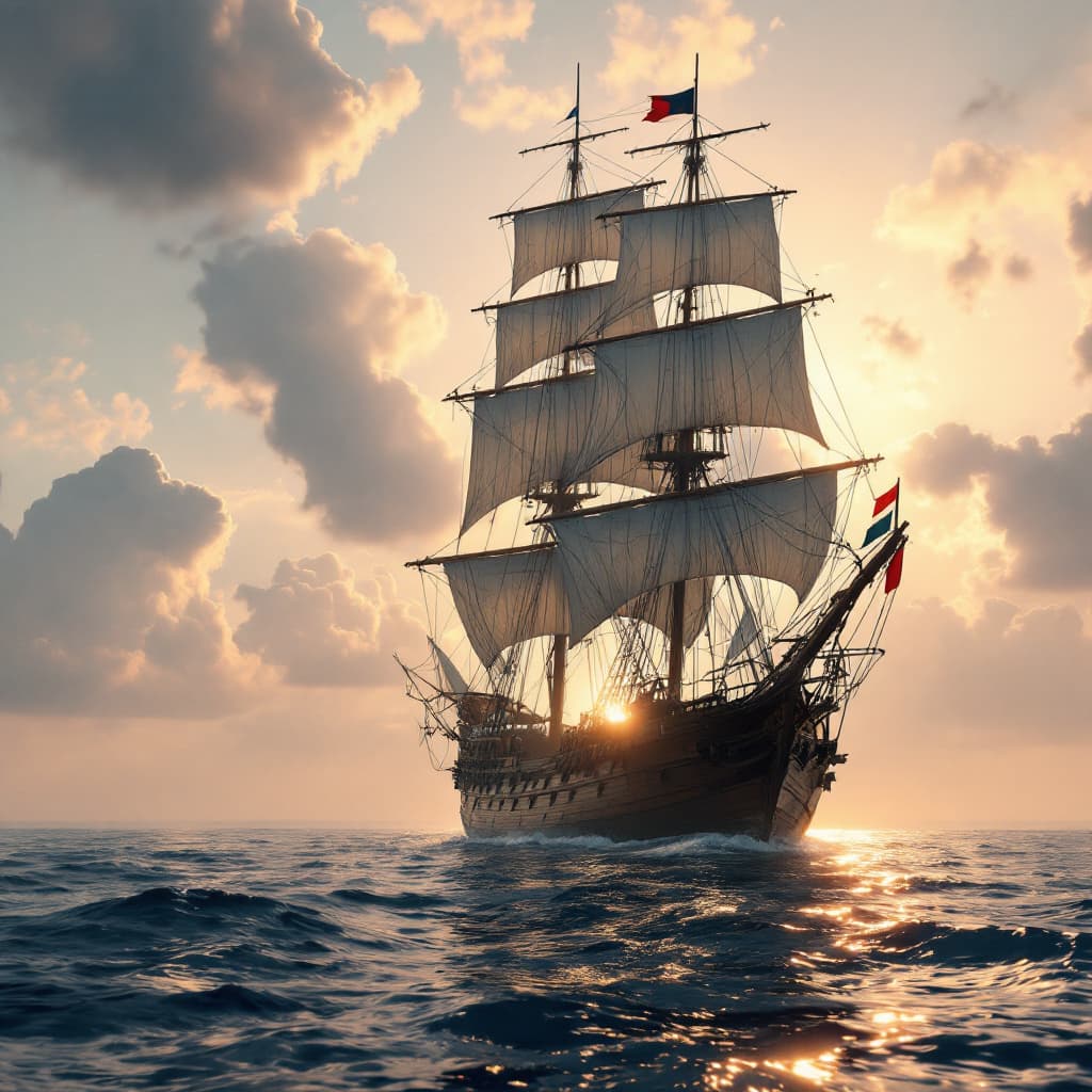 AI generated: Photo of a ultra realistic sailing ship, dramatic light, pale sunrise, cinematic lighting, battered,...