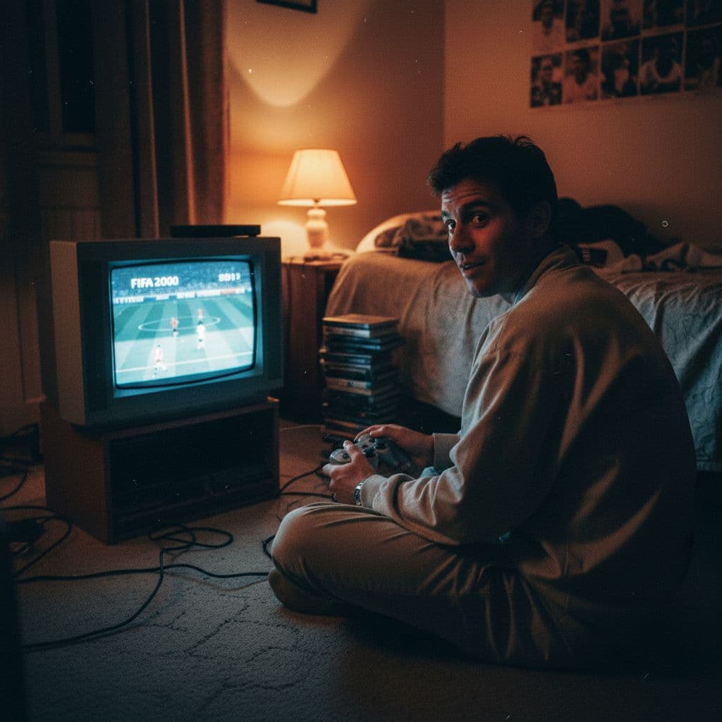 AI generated: Grungy analog photo of Luis Figo circa 2000 playing Fifa 2000 on Playstation 1 on a 90s CRT TV in a ...