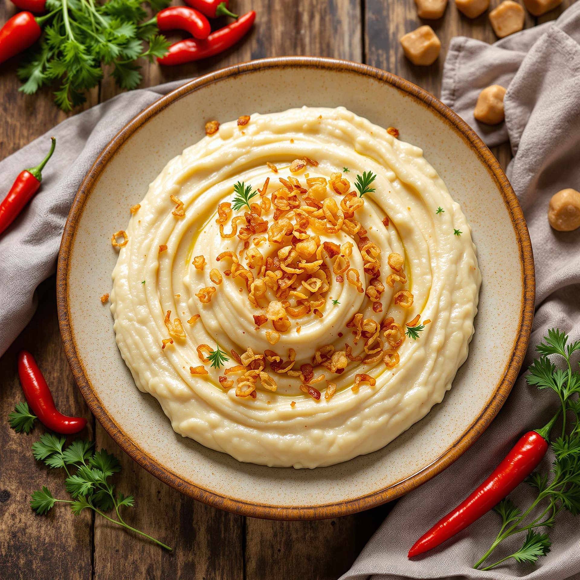 AI generated: Visually stunning and mouthwatering photograph of a beautifully presented white bean purée. A sphere...