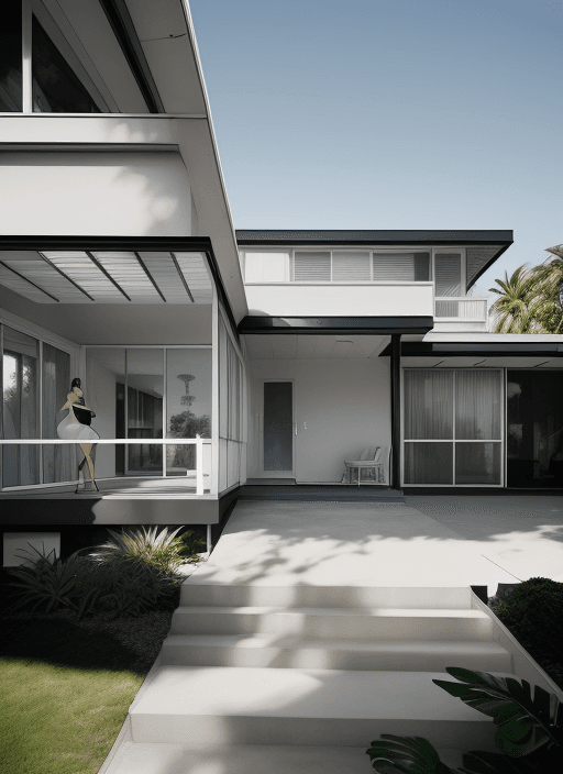 AI generated: Hyper realistic eye level exterior photo of a mid century modern style house overlooking the ocean, ...