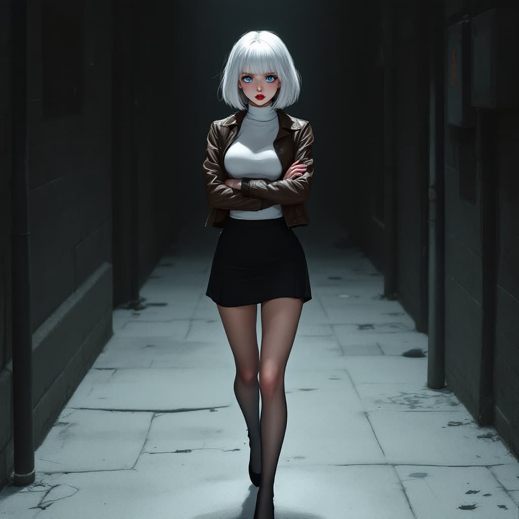 AI generated: anime, woman, white hair, bob cut, blue eyes, freckles, red lips, white turtle neck sweater, tight t...