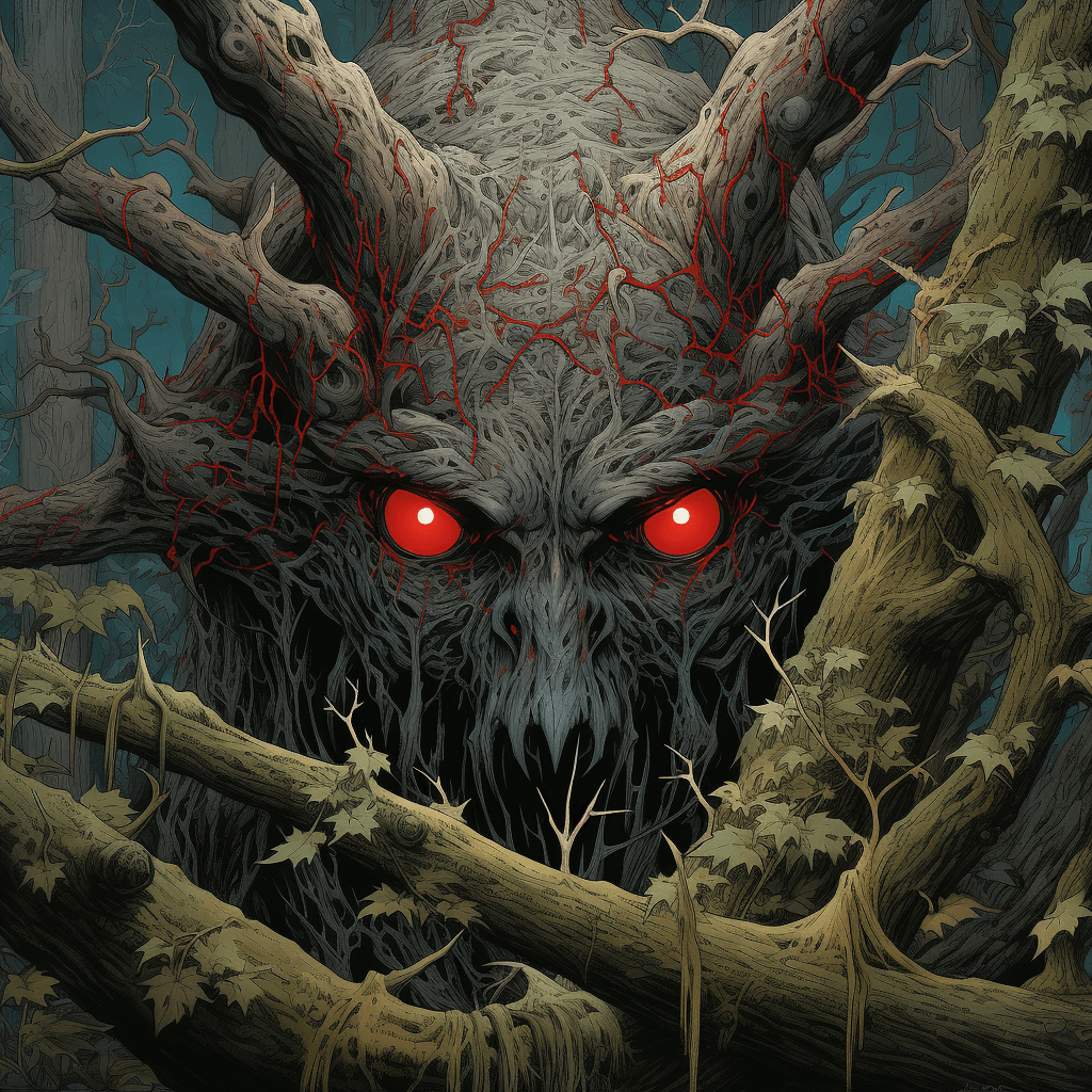 AI generated: full body of haunting creature peering through the trees of a dense forest, red eyes, sharp claws, b...