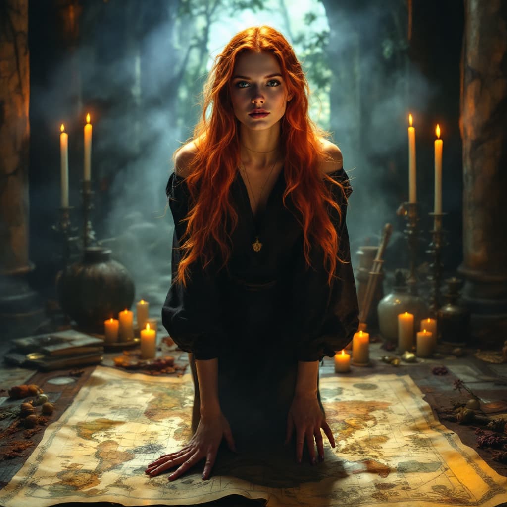 AI generated: red-haired psychic girl in a tunic standing with her back around an atmosphere of magic, candles and...