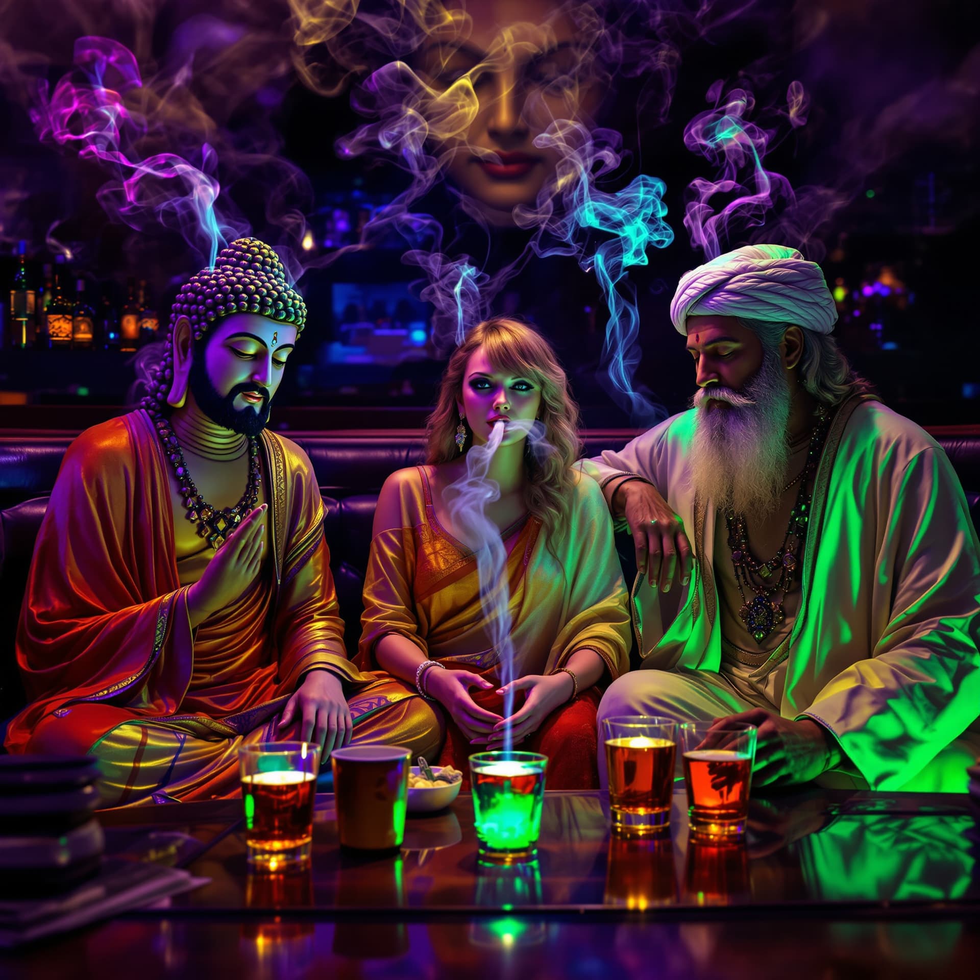 AI generated: Psychedelic, surreal. high resolution photography, front shot of, Buddha, Jesus, and Mohammad, all s...
