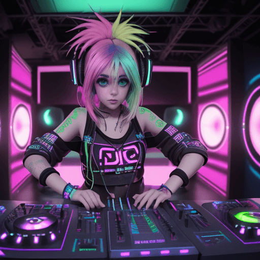 AI generated: girl, neon hair, dressed as DJ, DJ headphones, ((rave dance party)), ((DJ-booth)), mixing music, DJ ...