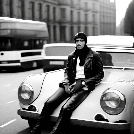 AI generated: Black and white street photography of an attractive man in leather jacket with headscarf sitting ins...