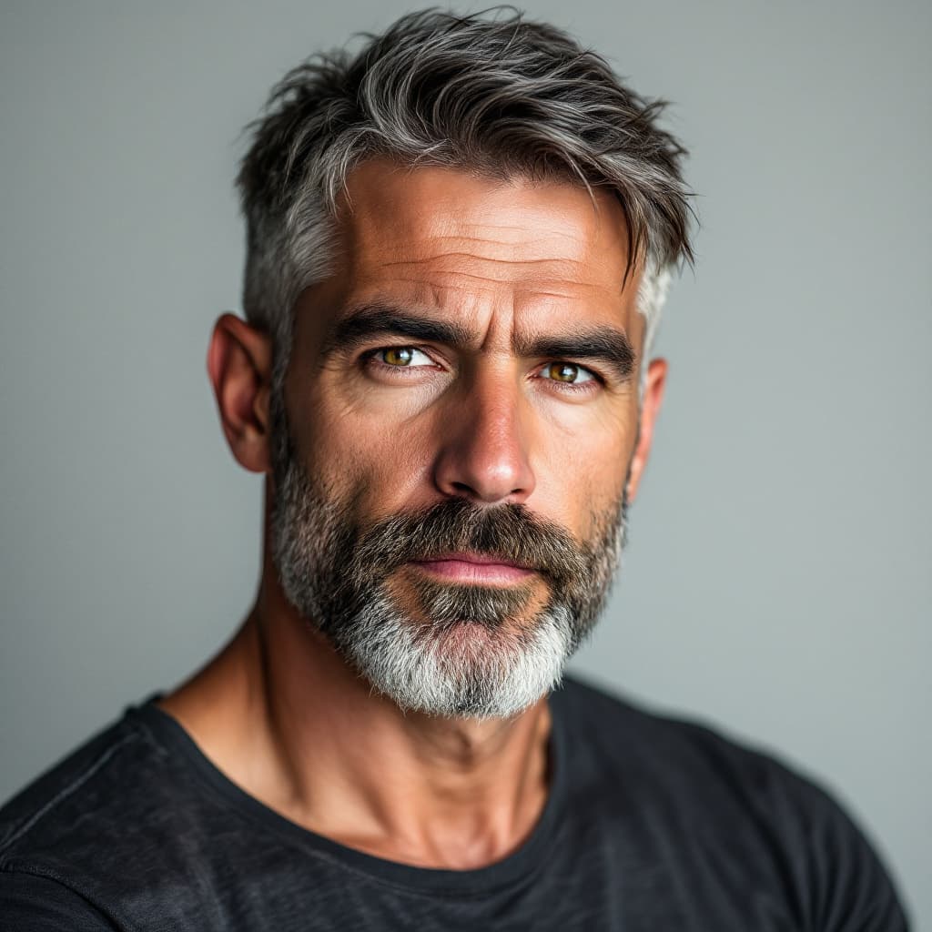 AI generated: Sharp studio portrait of a 48-year-old white American man, fair skin, thick greying hair, trimmed be...