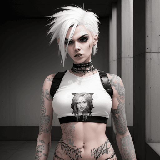 AI generated: hyperrealistic art A photo of a rebellious, edgy young woman with white hair and punk fashion, confi...
