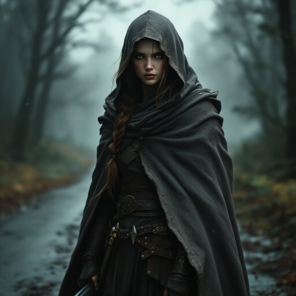 AI generated: female elf rogue with soft features. Brown hair in a single braid. Full body. Hooded cloak shadowing...