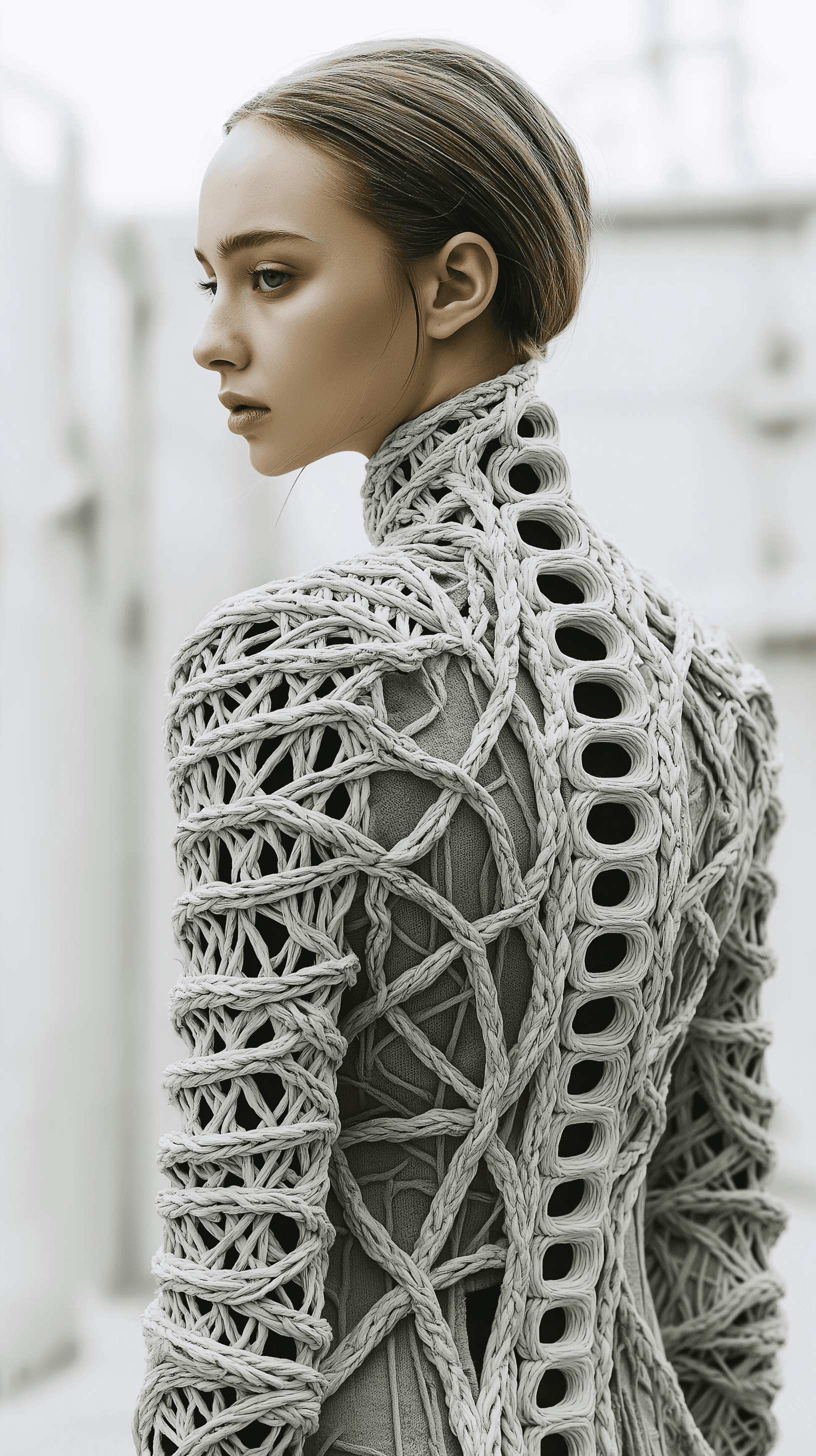 AI generated: photography, woman model, 45-degree angle rear view, detailed exoskeleton jacket, inspired by skelet...