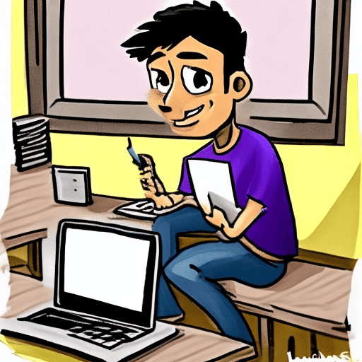AI generated: A software engineer saying Heres Johnny! while writing code on a laptop. Cartoon