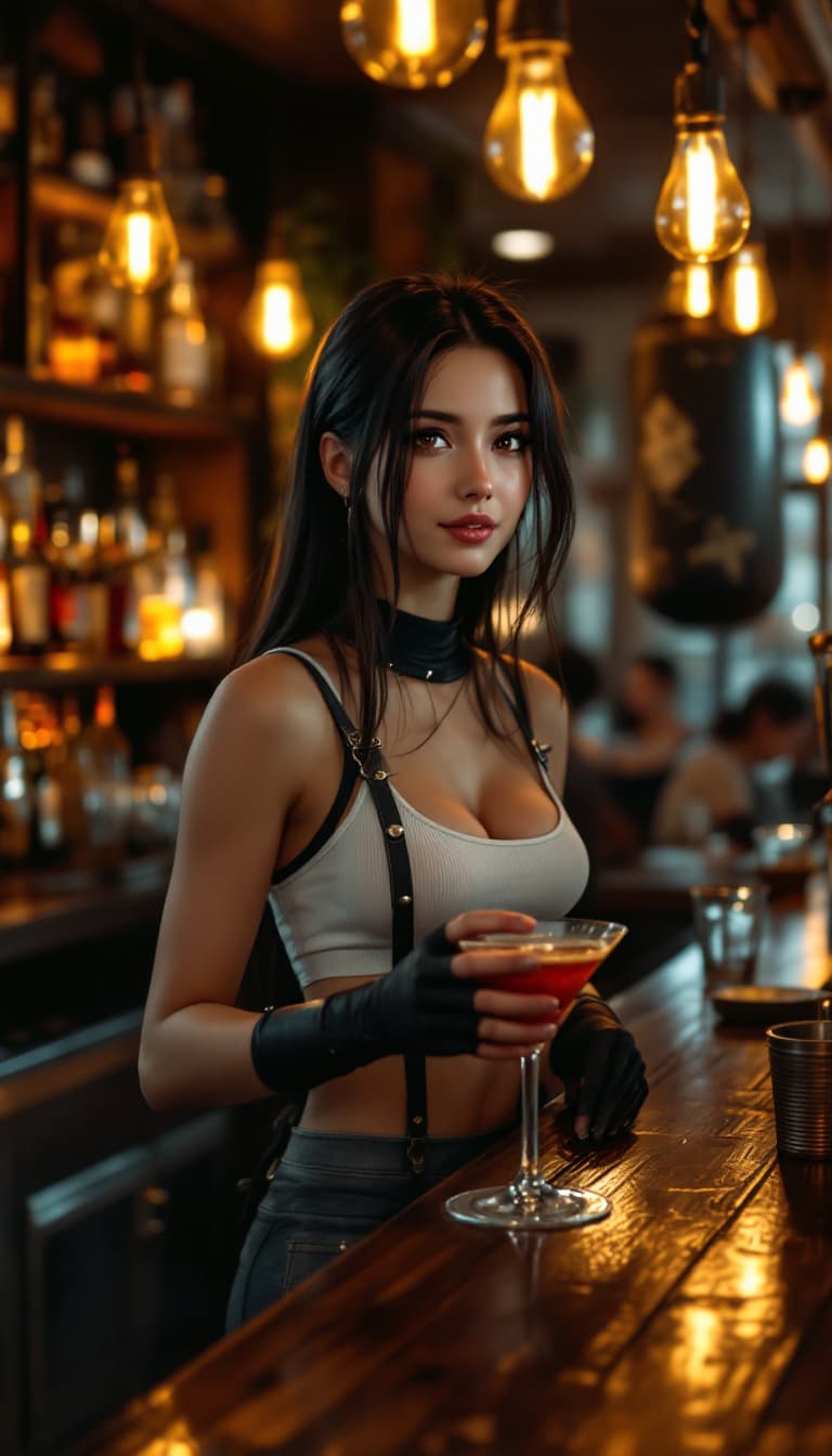 AI generated: A photorealistic candid portrait of a strong, athletic, beautiful Japanese young woman bartender wit...