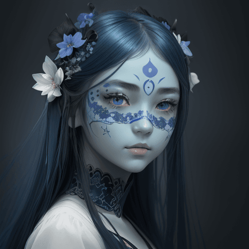 AI generated: a beautiful picture of a girl with blue flowers on her face, in the style of monochromatic paintings...
